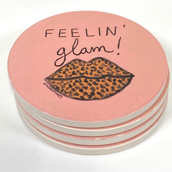 FEELING GLAM Absorbent Stone  Coasters 4 Pack Blush Pink Animal Print Lips Gift - Picture 3 of 14